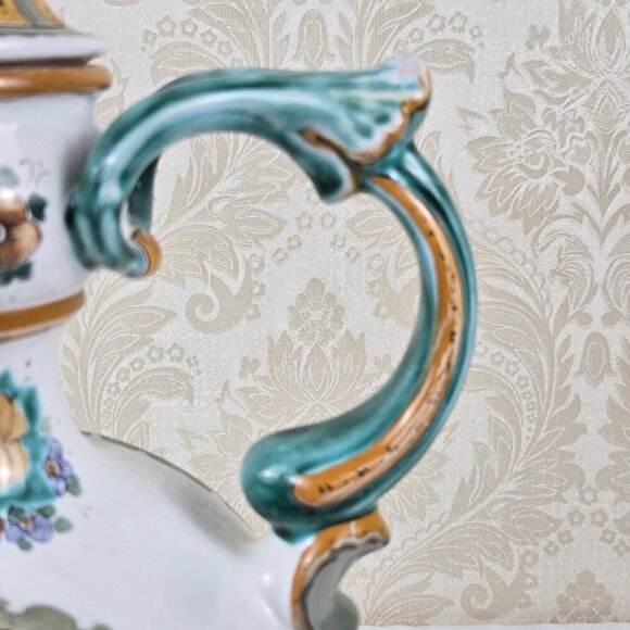 Vintage Hand Painted Footed Ceramic Water Pitcher Green White Floral Signed 1994 - Picture 4 of 16